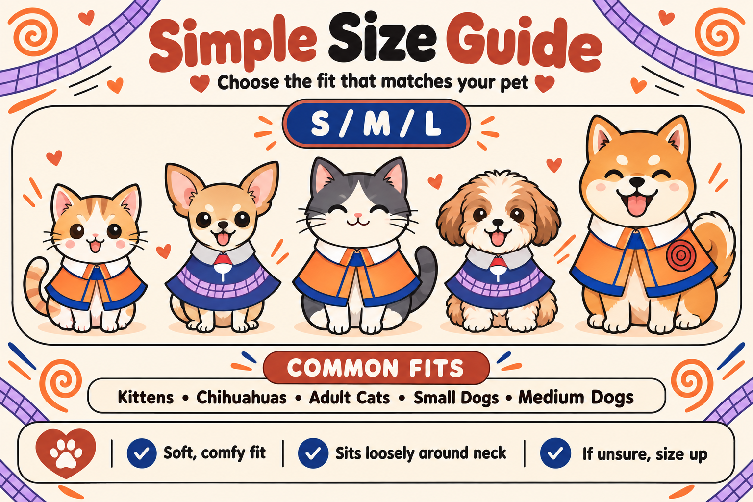 Naruto and Sasuke Pet Cloaks size guide. Small fits kittens and Chihuahuas, medium fits adult cats and small dogs, and large fits medium dogs.