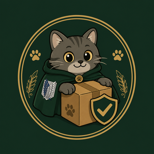 Shipping protection: cartoon cat in a green cloak holding a parcel with a shield and checkmark