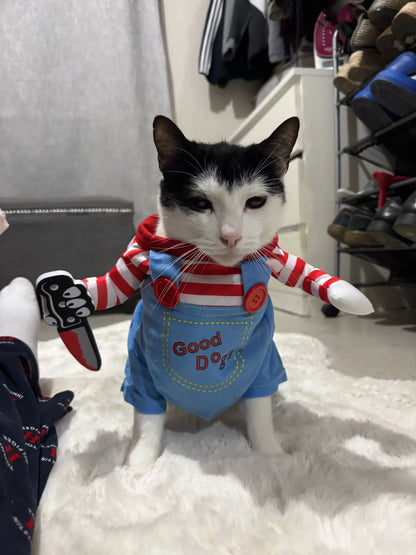 Customer photo: black and white cat in killer doll costume