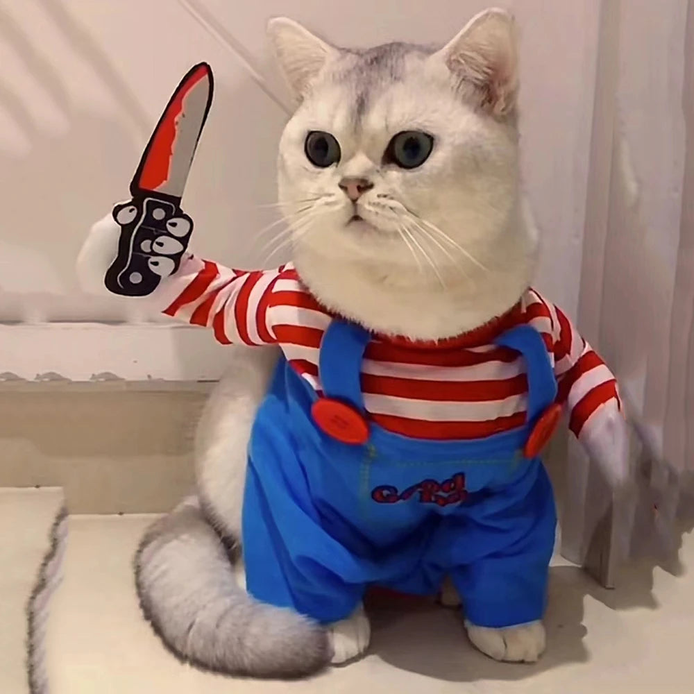 Cat wearing Purrfect Slasher killer doll costume with plush knife