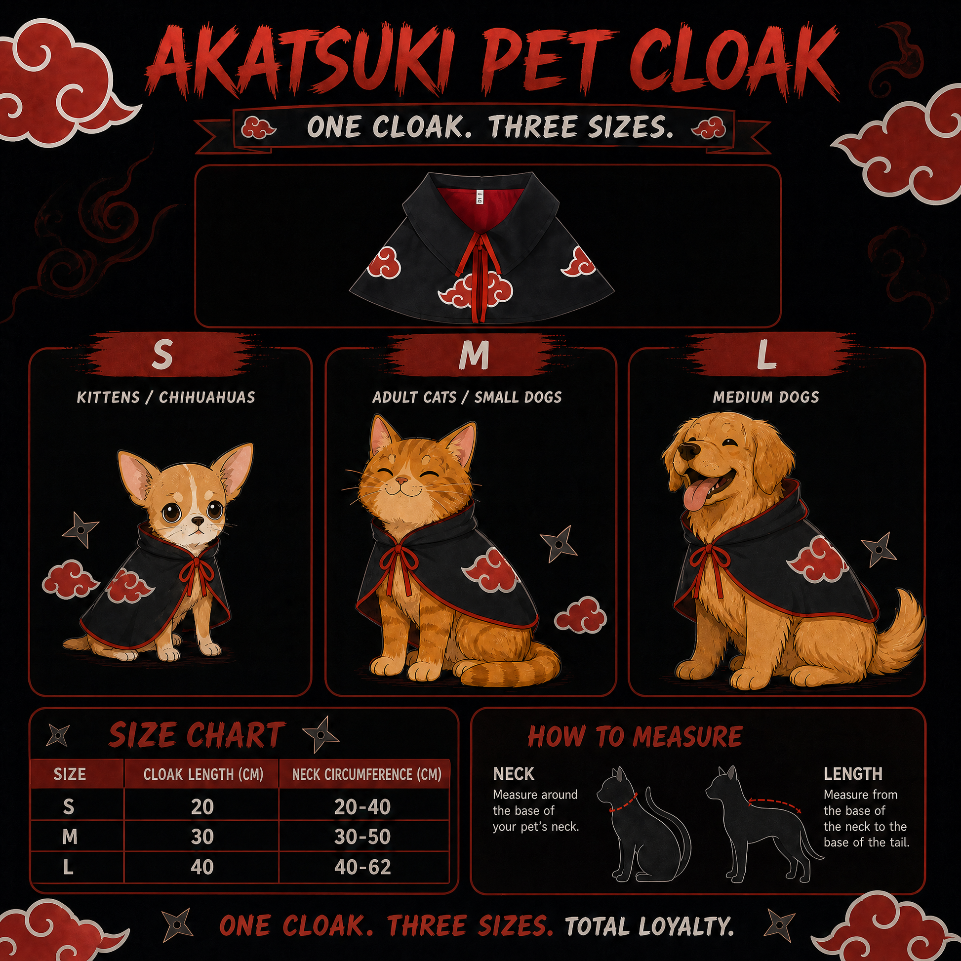 Akatsuki Pet Cloak size chart — S, M, L