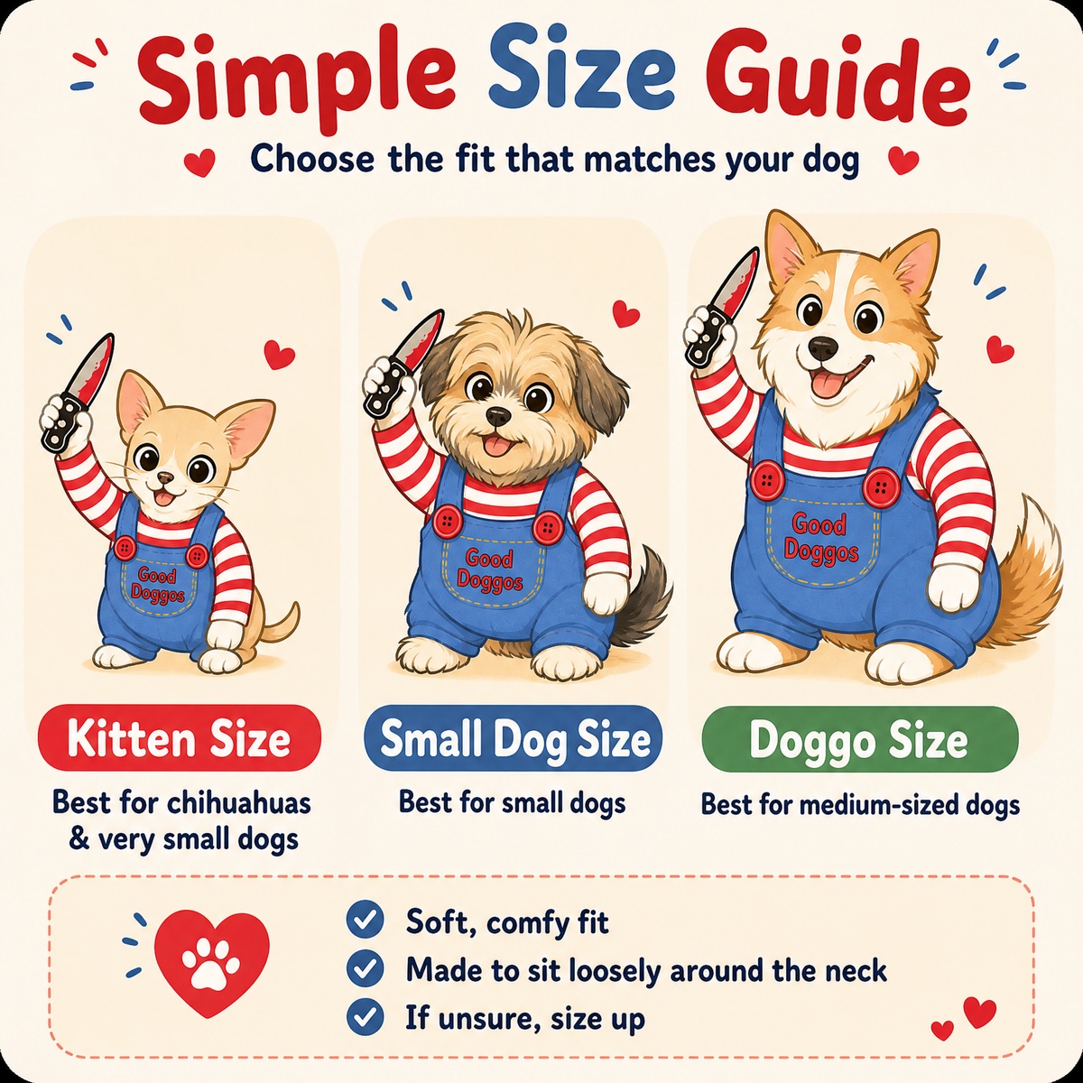 Simple size guide for dogs: Kitten Size for chihuahuas and very small dogs, Small Dog Size, and Doggo Size for medium-sized dogs
