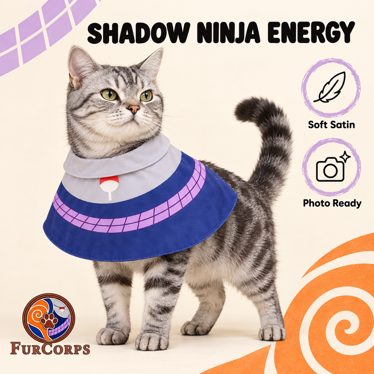 Sasuke Pet Cloak on a silver tabby cat