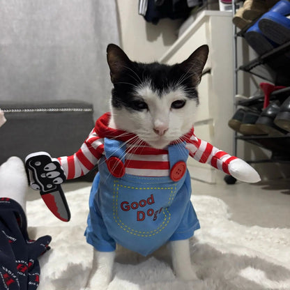 Black and white cat in the Purrfect Slasher killer doll costume