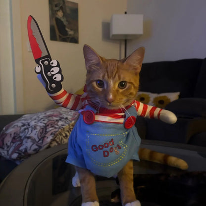 Orange cat wearing the Purrfect Slasher killer doll costume