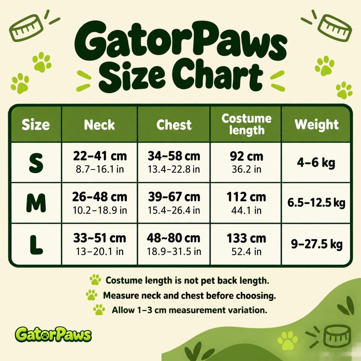 GatorPaws S, M and L size chart in centimeters and inches