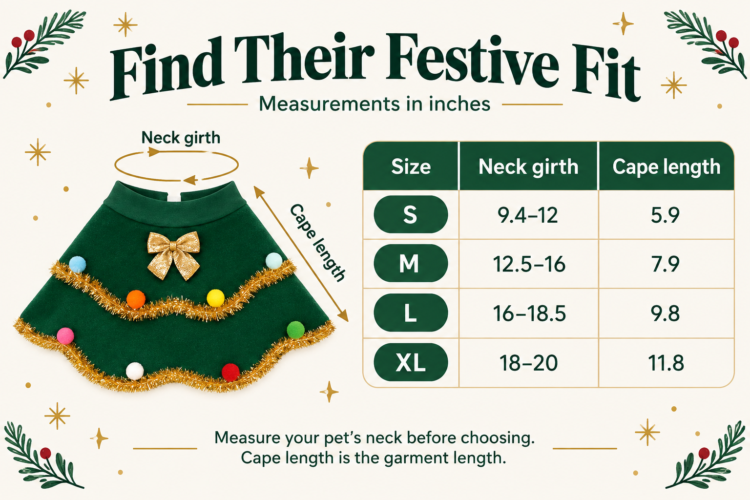 Pupmas Tree size chart in inches